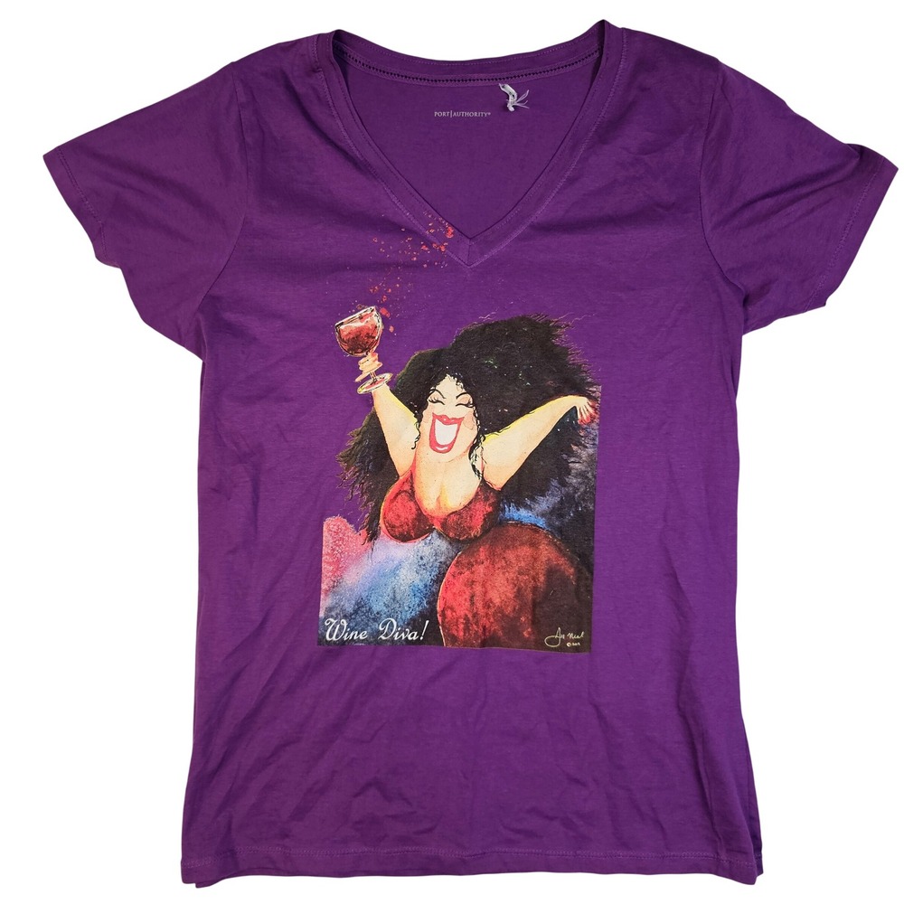 Port Authority Wine Diva Jan Neal Purple Graphic V-Neck T-Shirt Womens